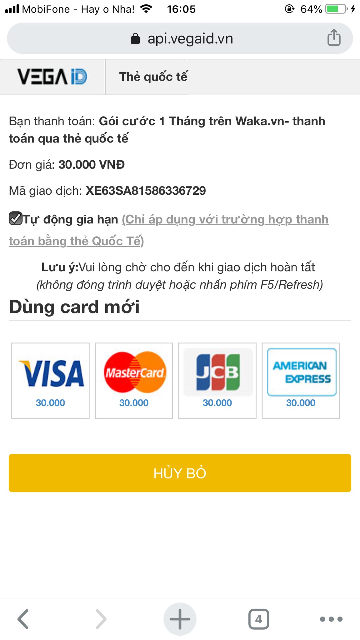 Hướng dẫn cách đăng ký hội viên trên wapsite - Thanh toán qua thẻ quốc tế